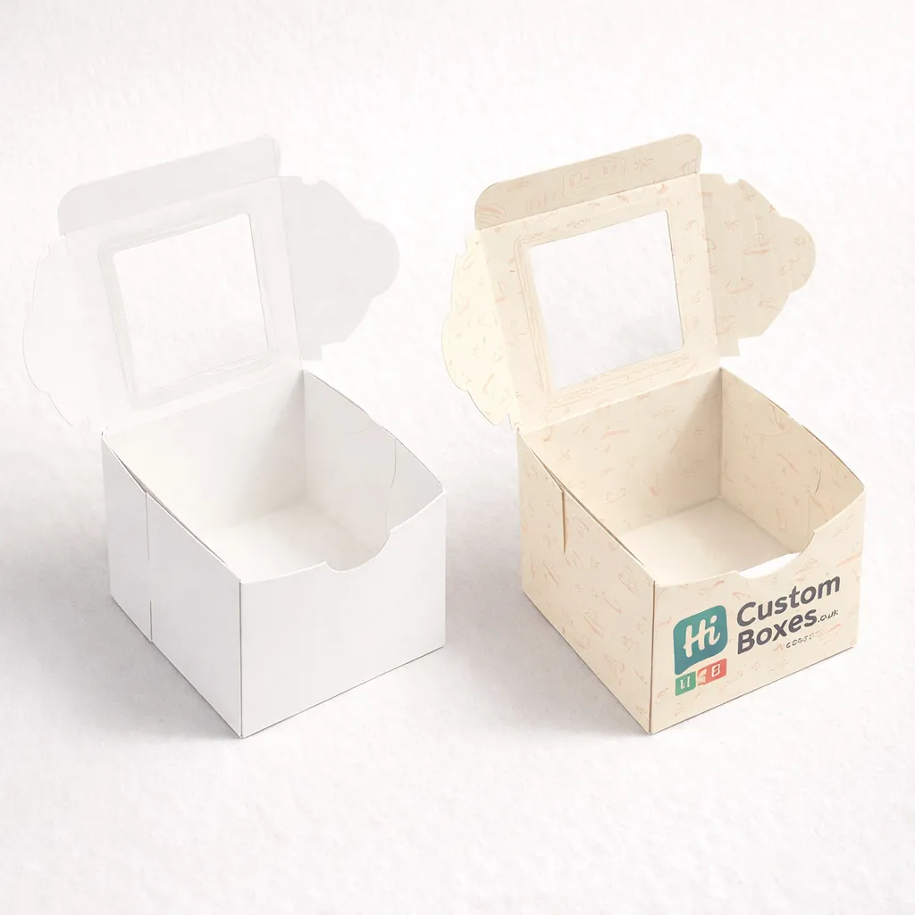 Tall white and patterned gable boxes with transparent windows for professional bakery product display. class=